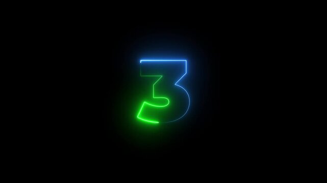 Abstract neon text 3 number countdown icon animation on black background. glowing blue and cyan color three number text sign icon animation.