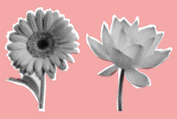 Halftone collage elements flowers cut out from paper