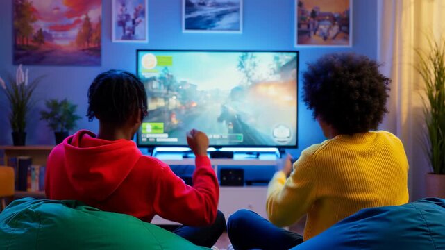 Friends play video game together in cozy living room late at night
