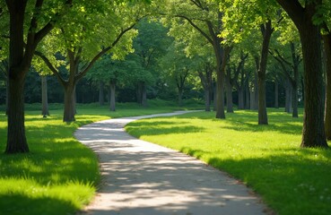 Fototapeta premium Curving pathway through lush green city park lined with mature trees casting shadows on grass. Sunlight filters through leaves, creating dappled light on walkway and lawn.