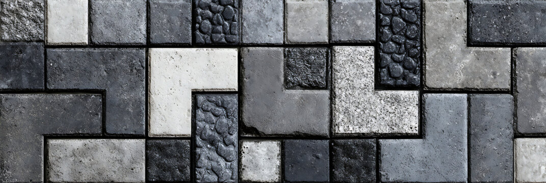 Monochromatic paving stones texture background featuring varied grey tones, granite, and rough cobblestone inserts for architectural design.