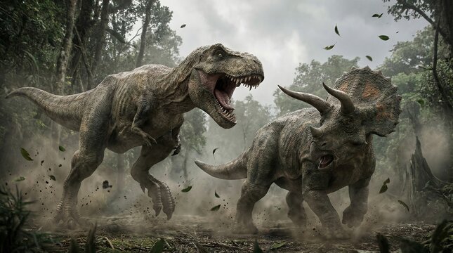 Tyrannosaurus rex roaring fiercely and charging a triceratops in a dramatic confrontation, creating dust and flying leaves in a dense primeval forest environment