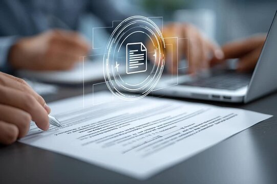 Document Signing Process with Digital Elements and Office Background