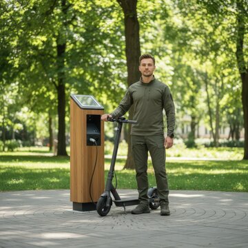 Young man in tactical clothing standing next to his electric scooter while it charges at a modern public station, highlighting urban mobility and sustainable transportation