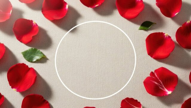 Red Rose Petals and Green Leaves Scattered on Beige Fabric Around a White Circular Frame with Copy Space for Valentine's Day or Wedding Invitation