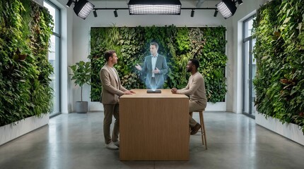 Diverse business team interacting with a detailed 3d holographic presenter in a modern office with vibrant living green walls, showcasing futuristic virtual meeting technology and collaboration