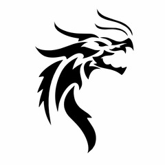 Tribal dragon head silhouette, stylized mythical creature profile with black sharp flame-like artistic lines