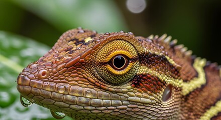 Obraz premium Detailed close-up of a textured lizard with yellow eyes and water droplets.