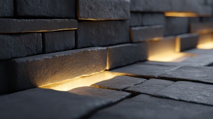Glowing Segments of Stacked Bricks Forming a Unique Textured Wall Design