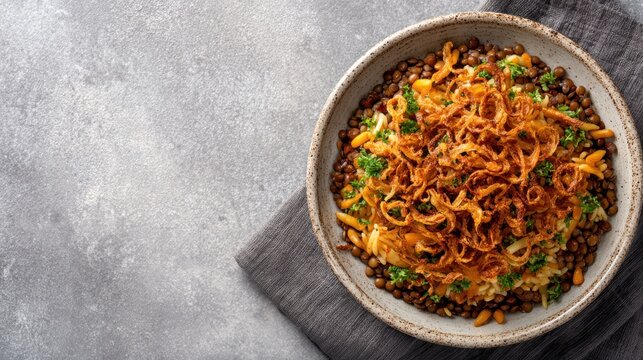 Traditional Egyptian koshari with lentils rice and crispy onions