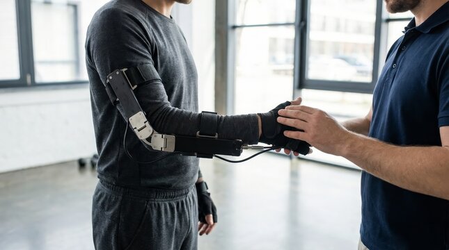 Patient wearing an advanced robotic exoskeleton arm receives hands on support from a therapist during clinical rehabilitation, demonstrating assistive bionic technology for recovery