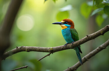 Obraz premium Colorful bee eater bird rests on a tree branch. Wild avian animal displays vibrant blue and green feathers. Fauna perches on wood in lush foliage.