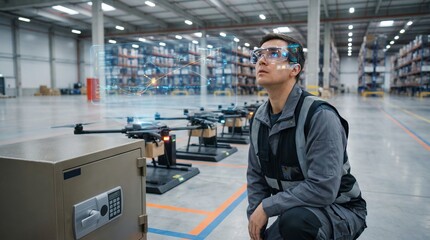 Worker crouching in a logistics warehouse, wearing augmented reality glasses featuring a digital interface for monitoring and managing inventory, operations, and drone systems