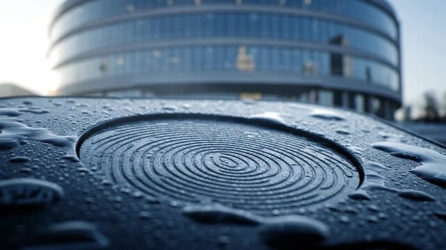 Close-up of a dark surface with fingerprint pattern and water droplets, architecture background, connecting technology and nature.