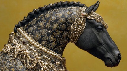 A black horse head adorned with intricate golden and pearl decorations against a golden background. The horse has a braided mane and a regal appearance.