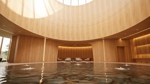 Modern architecture featuring a wooden atrium, water feature, and skylight design in luxury spa interior with natural light for lifestyle, design, and relaxation.