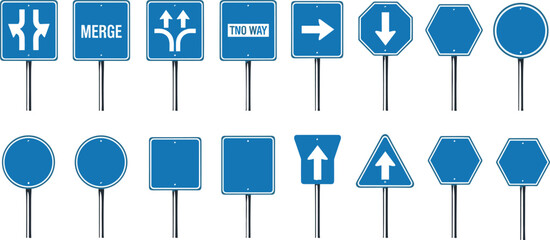 Blue traffic road signs icon set, regulatory and direction symbols collection, highway navigation signage, transportation safety illustration vector design © Fajle