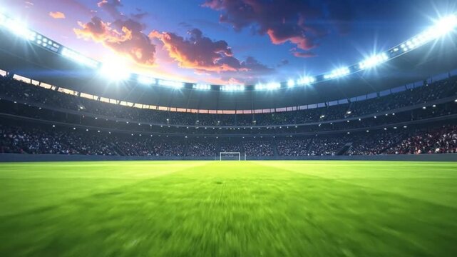 Vibrant sports stadium with green field and illuminated by bright floodlights at dusk.