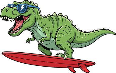 Funny cartoon dinosaur surfing on board with sunglasses, playful t rex character illustration, summer beach vector art © Fajle