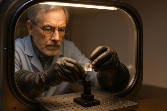 A scientist works inside a glovebox, carefully positioning an optical component for precision laboratory research.