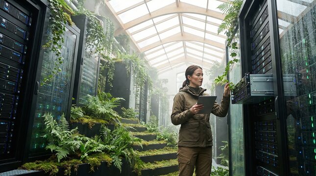 Woman engineer inspects server racks while tending lush foliage and holding a tablet, symbolizing sustainable data center design, green it and biophilic technology integration - Powered by Adobe