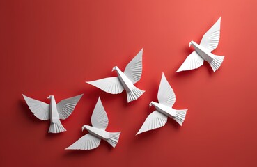 Five white origami doves fly across vivid red background. Paper birds folded intricately with detailed wings outstretched, suggesting movement, freedom. Artwork evokes sense of peace, hope, ideal for