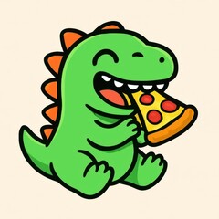 Obraz premium Happy green dinosaur eating slice of pepperoni pizza cute prehistoric creature cartoon illustration for kids apparel