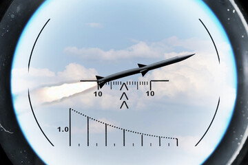 Fototapeta premium Guided missile in the sky viewed through optical guidance targeting sight.