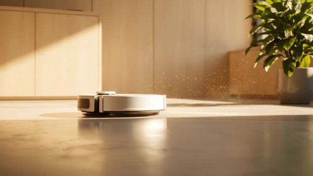 Robot vacuum cleaner cleans floor in a modern indoor room with plant. Home cleaning technology concept for lifestyle, housework.