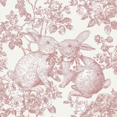 Two rabbits with bows sit among floral patterns. The design features intricate roses and leaves in a soft pink color scheme.