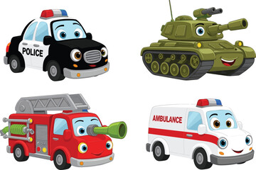 Cute cartoon emergency vehicles set with police car tank fire truck ambulance, smiling transport characters, kids illustration, vector collection © Fajle