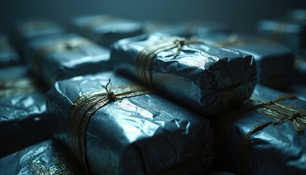 Wrapped packages in foil are stacked closely together in a dark setting. They appear to be tightly bound with golden string, suggesting contraband or illicit goods.