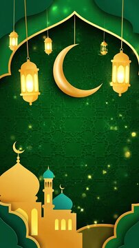 Luxury islamic scene with gold mosque lanterns and moon on green pattern with glowing gold particles for ramadan kareem and eid celebration