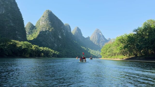 Li River Bamboo Rafting View, Yangshuo Guilin China | Scenic Karst Mountains