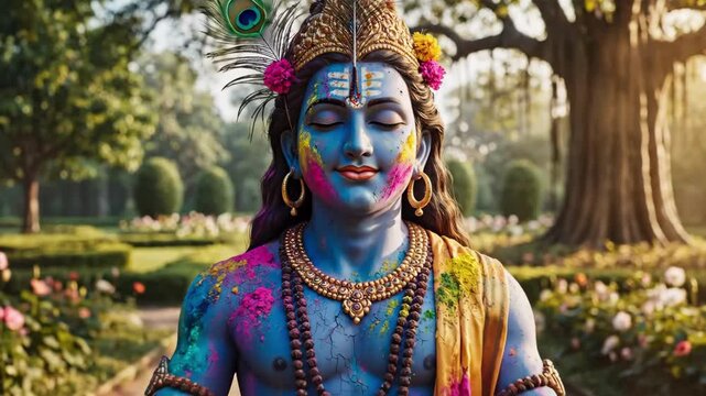 South Asian Krishna or Shiva Deity Meditating Among Rose Beds And Banyan Tree, BluePainted Skin With Peacock Feather Crown, Colorful Holi Powder On Robes And Face, Morning Sunlight Through Leaves.