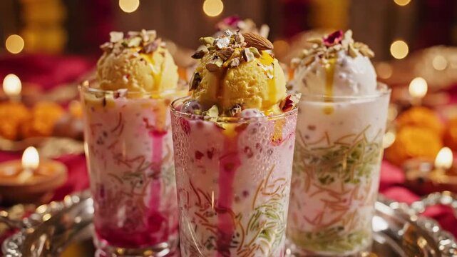 Three Ornate Falooda Glasses Garnished With Saffron Scoops And Chopped Nuts On Silver Platter, Lit Diyas And Marigold Garlands, Regal Banquet Styling, Ceremonial Host Presenting Dessert Offering.