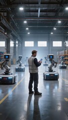 Engineer managing fleet of autonomous mobile robots with a digital tablet, demonstrating advanced human robot collaboration in a modern industrial smart manufacturing and logistics facility