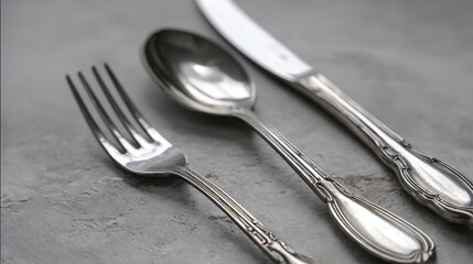 Stylish silver cutlery on grey table surface in closeup, modern tableware arrangement with minimal dining style, clean design aesthetic, luxury kitchen and elegant hospitality concept