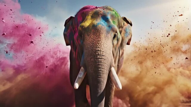 Majestic Elephant Appears Through Vibrant Holi Smoke, Vivid Holi Smoke Envelops Grand Elephant With Sunlight Rays, Pageant Of Colorful Holi Smoke Surrounds Majestic Elephant Illuminated By Sunlight.