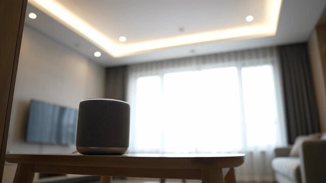 Smart speaker on wooden table in bright living room, modern technology for home entertainment.  Bluetooth speaker, home, living room, technology, smart, table.