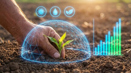 A person nurturing a small plant in the soil with digital graphics overlay