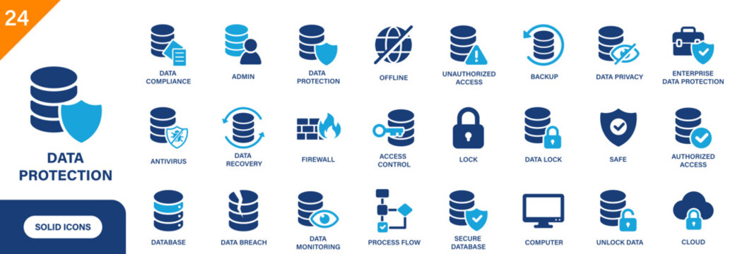 Data protection icon. Includes data lock, backup, firewall, data breach, access control. Solid vector icons collection.