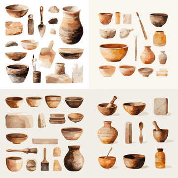 Watercolor illustration of handmade pottery bowls jars tools and vessels arranged as a ceramic craft collection ideal for artisan branding education and decorative design