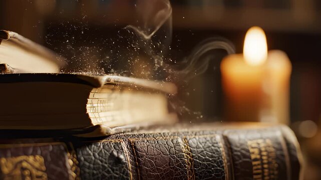 Candle Burning Next to Stack of Leather-Bound Books in Soft Lighting
