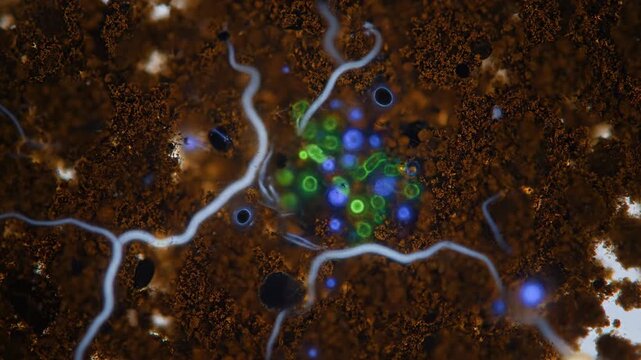 Microscopic view of soil, roots and bacteria with vibrant green and blue light spots. Science and microbiology concept
