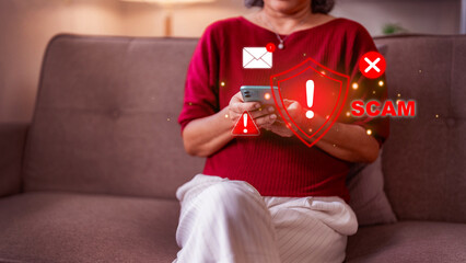 Woman use smartphone see scam email notification warning of phishing cybercrime and internet fraud to protect data security fraud alert phishing