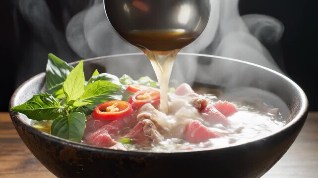 Pouring Hot Broth Onto Beef Noodle Soup