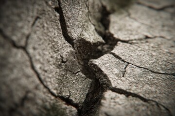 Fototapeta premium Close-up view of a weathered concrete wall showcasing deep cracks and rough textures that tell a story of age, wear, and the passage of time