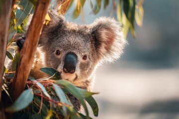 Fototapeta premium Soft sunlight dances on the fur of a curious koala nestled among vibrant eucalyptus leaves, embodying the serene spirit of the Australian wilderness in the afternoon