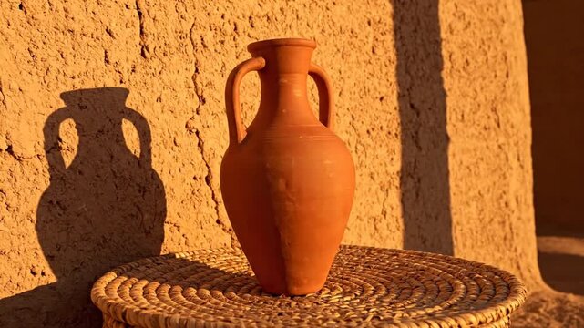 A static, 8-second shot highlights a terracotta jar on a woven mat set against a rugged adobe wall. Strong, golden sunlight casts a defined shadow, emphasizing the rustic textures and ancient aesthet